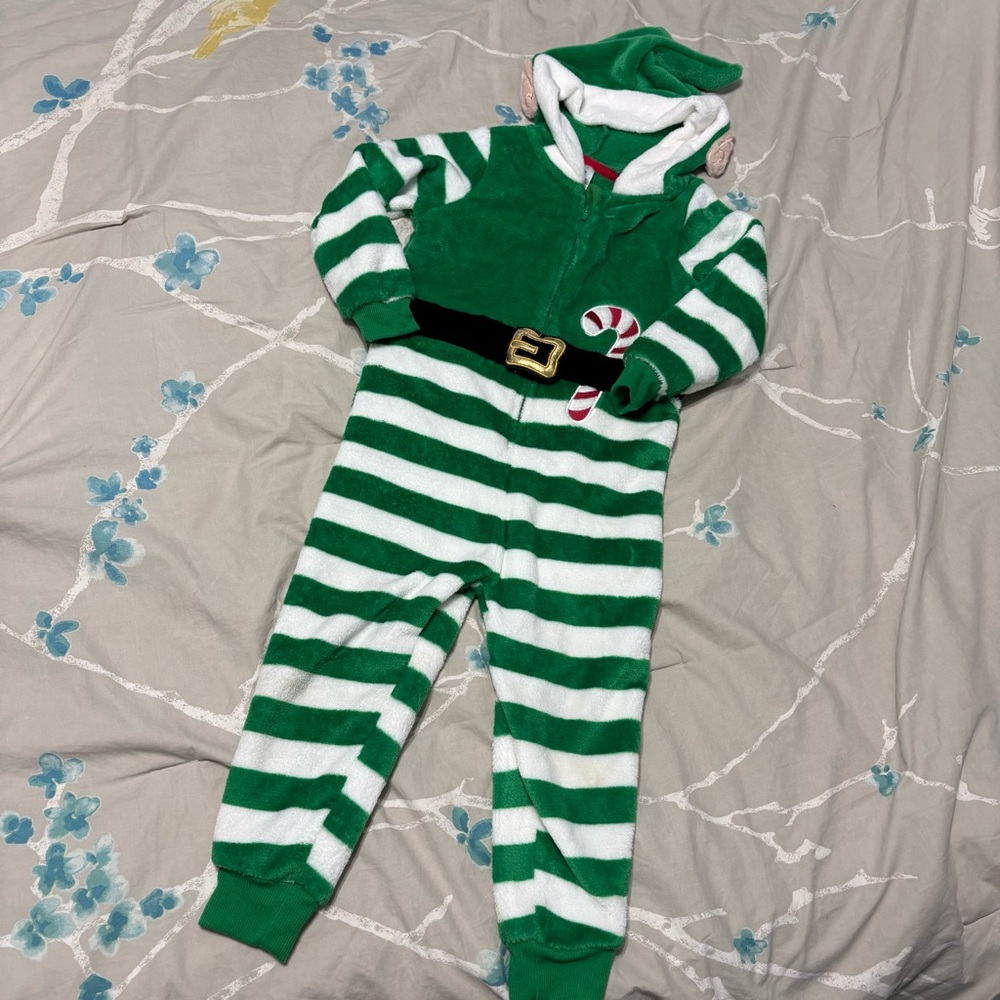 George Festive Green and White Striped Elf Kids Footie 4T